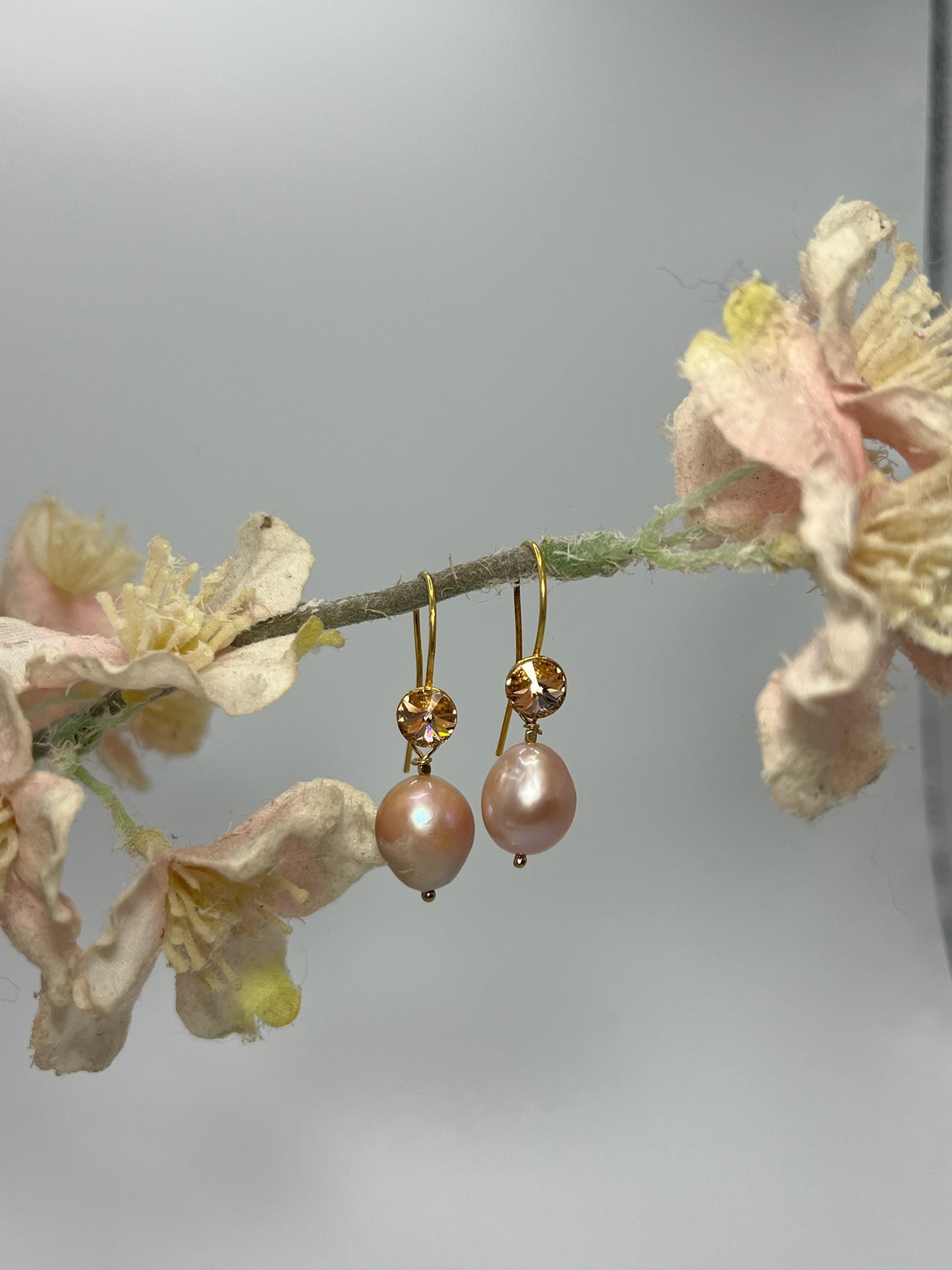 Oorbellen Gold Vermeil Haken Swarovski & Barok Parel