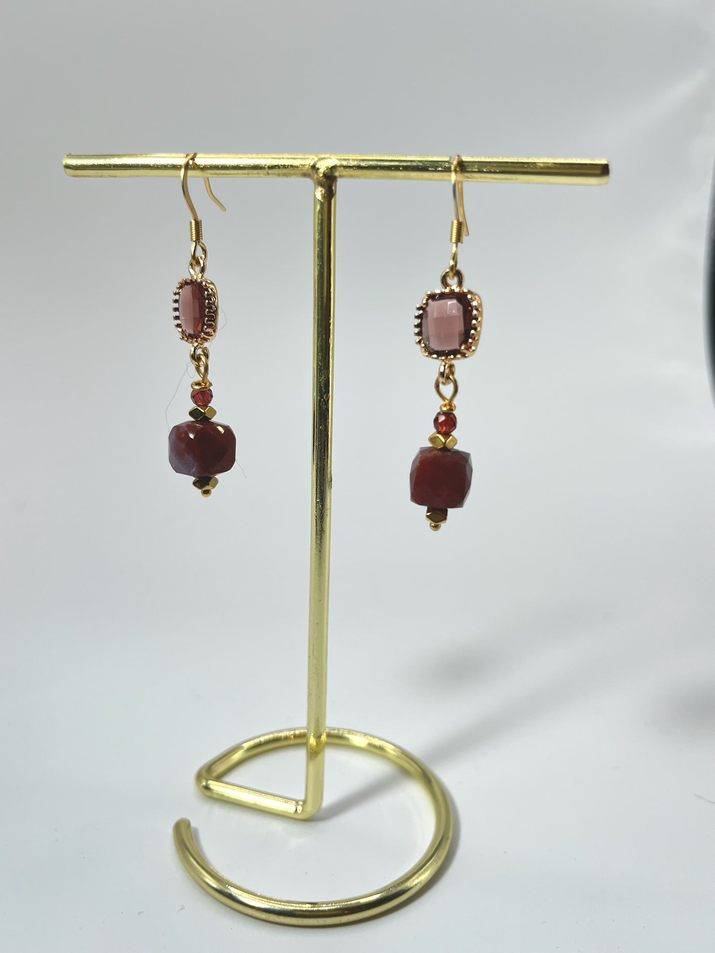 Oorbellen RVS Aubergine Agaat & 18k Messing Facet Glas