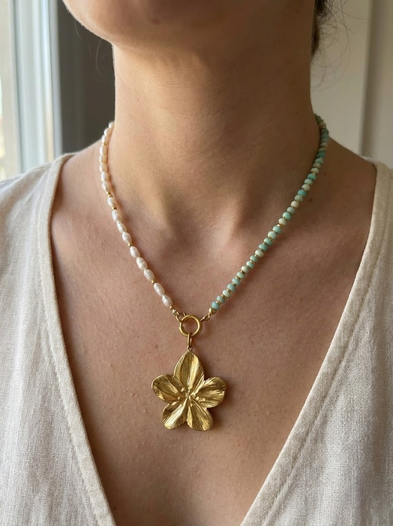 Ketting Amazoniet Parel met Bloemhanger